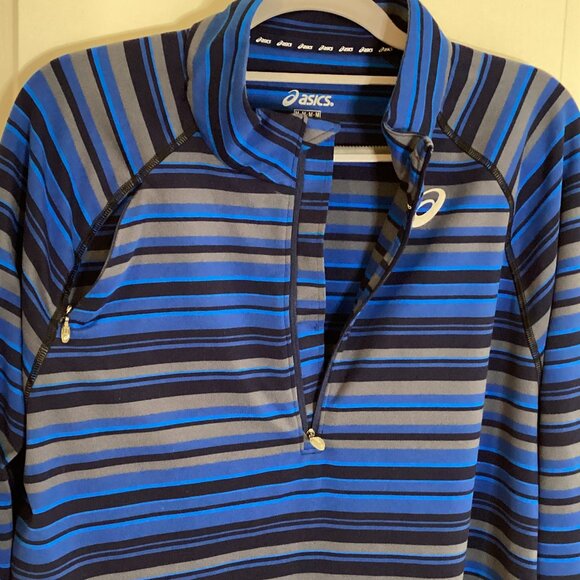 Asics Men's Sweater Top Size M Activewear 1/4 Zip Blue Stripped Pockets Warm - Picture 4 of 8